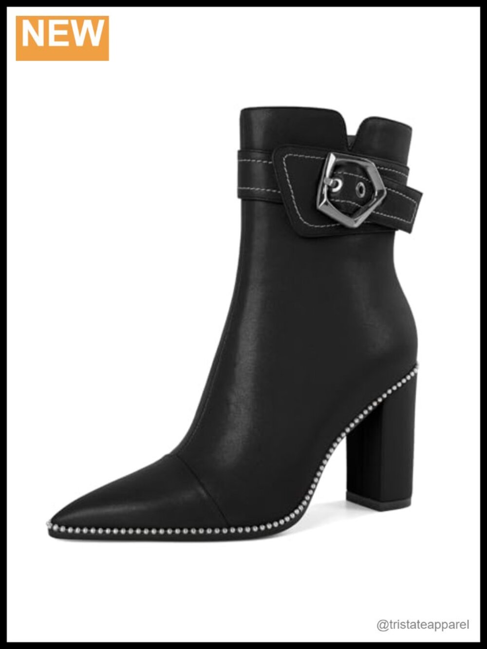 Women's Chunky Heel Ankle Boots Pointed Toe Beaded Silver Side Zipper Fall